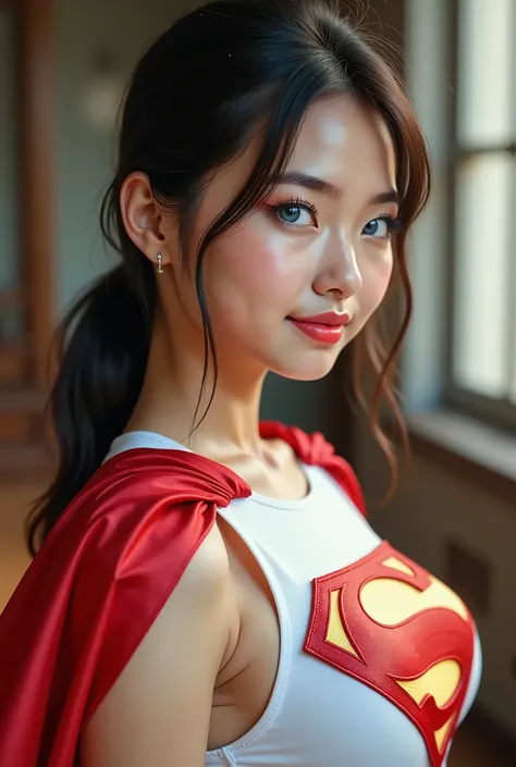 BIG BLU EYES  **" FULL VIEW OF A stunning, highly detailed, and ultra-realistic portrait of a INNOCENT BLUE EYED 17-year-old Thai GIRL, proudly wearing the iconic RETRO WHITE 1980 SUPERMAN LEOTARD with a glossy finish. The vibrant WHITE LEOTARD WITH A shim...