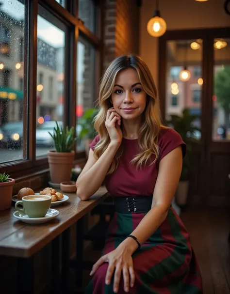 A candid yet refined photograph of a beautiful woman with warm light-brown hair featuring subtle golden highlights. Her long, straight hair is slightly wavy at the ends, falling freely over her shoulders. She has soft facial features, including expressive ...