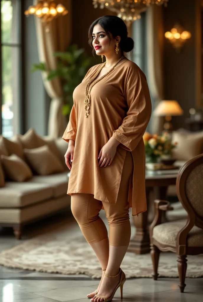 I am 40 year old plus size tall and big giant indian muslim women, looking like indian actress hansika motwani, wearing a tan short hand length side slit open tight kurti ,and matching cut short length capri leggings ,golden nose rings,nose stud, anklet,ha...