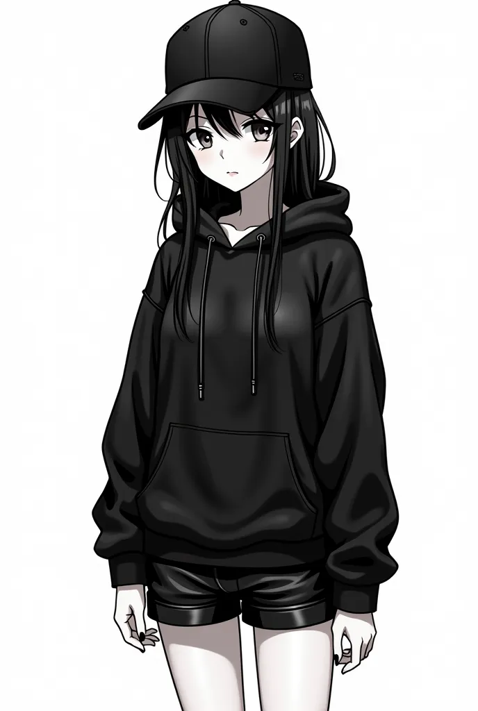 anime girl in black and white with a baseball cap and leather shorts, an anime drawing by Yang J, pixiv, gothic art, black clothes, wearing black clothes, artwork in the style of guweiz, style anime, dark clothes, cyberpunk anime girl, all black cyberpunk ...