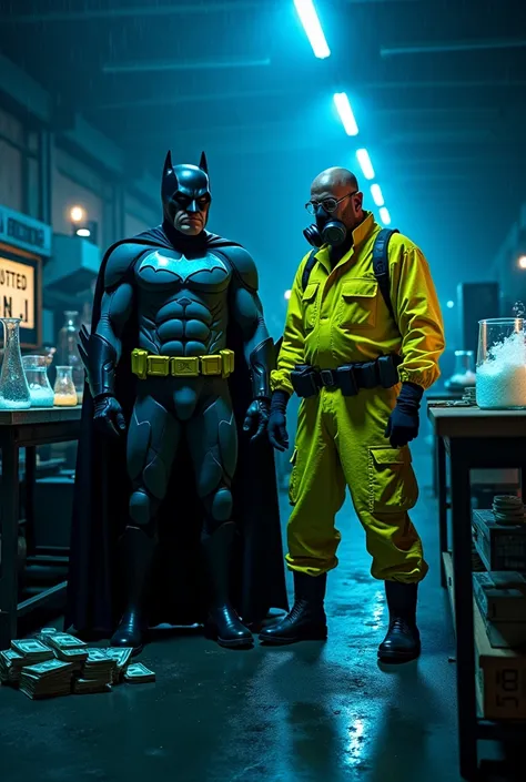 In a dimly lit, abandoned Gotham warehouse, Batman and Walter White stand side by side, both wearing **gas masks and hazmat suits** modified with tactical gear. A **makeshift meth lab** surrounds them, glowing eerily under flickering industrial lights. Lar...