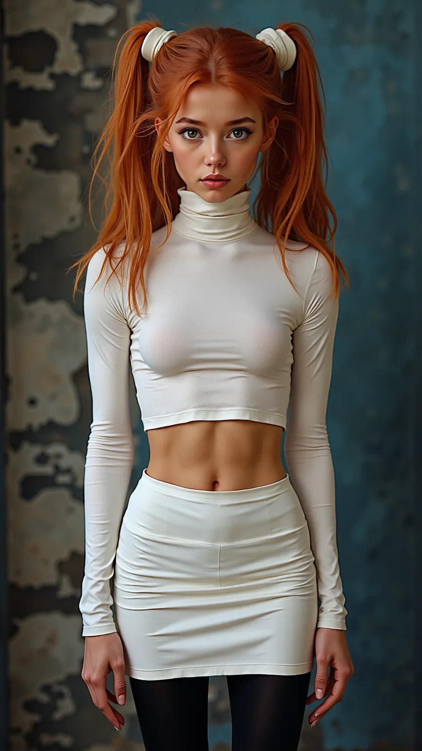 ultra realitic cinematic photo masterpiece, Highest quality, One young  girl , alone, Are standing, Lips parted, Redhead, Twin tails, extremly long ginger hair, Yellow Eyes, Hair Scrunchie, smalll perky breasts, View your viewers, White skintight cropped L...