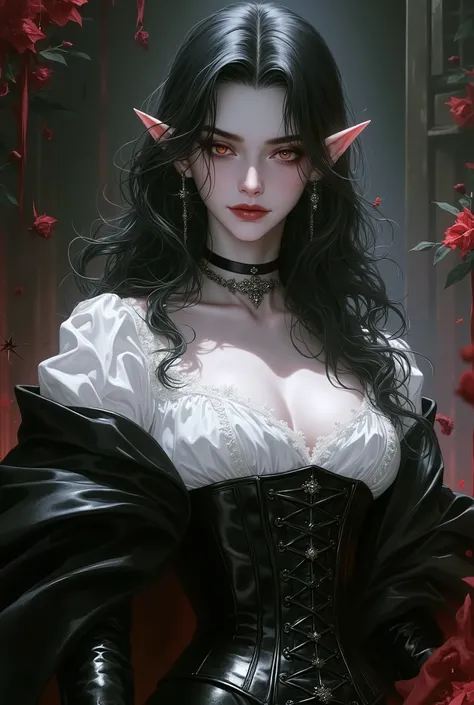 woman, pale skin, vampire, red eyes, voluminous black hair, pointed ears, look of superiority, dark castle, Countess, low-cut white blouse with details and ruffles, black leather corset, black leather cause, black leather boots.