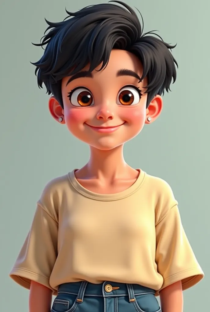 Create a 30-year-old avatar with black hair and brown eyes wearing a t-shirt and shorts smile