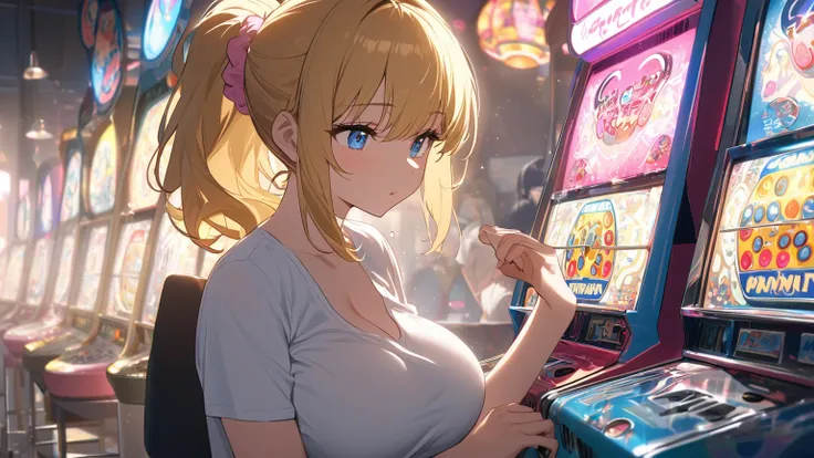 one girl，Big Breasts, golden hair，ponytail， pink scrunchie， T-back ，white shirt，white background, Blue Eyes、I'm playing a pachinko