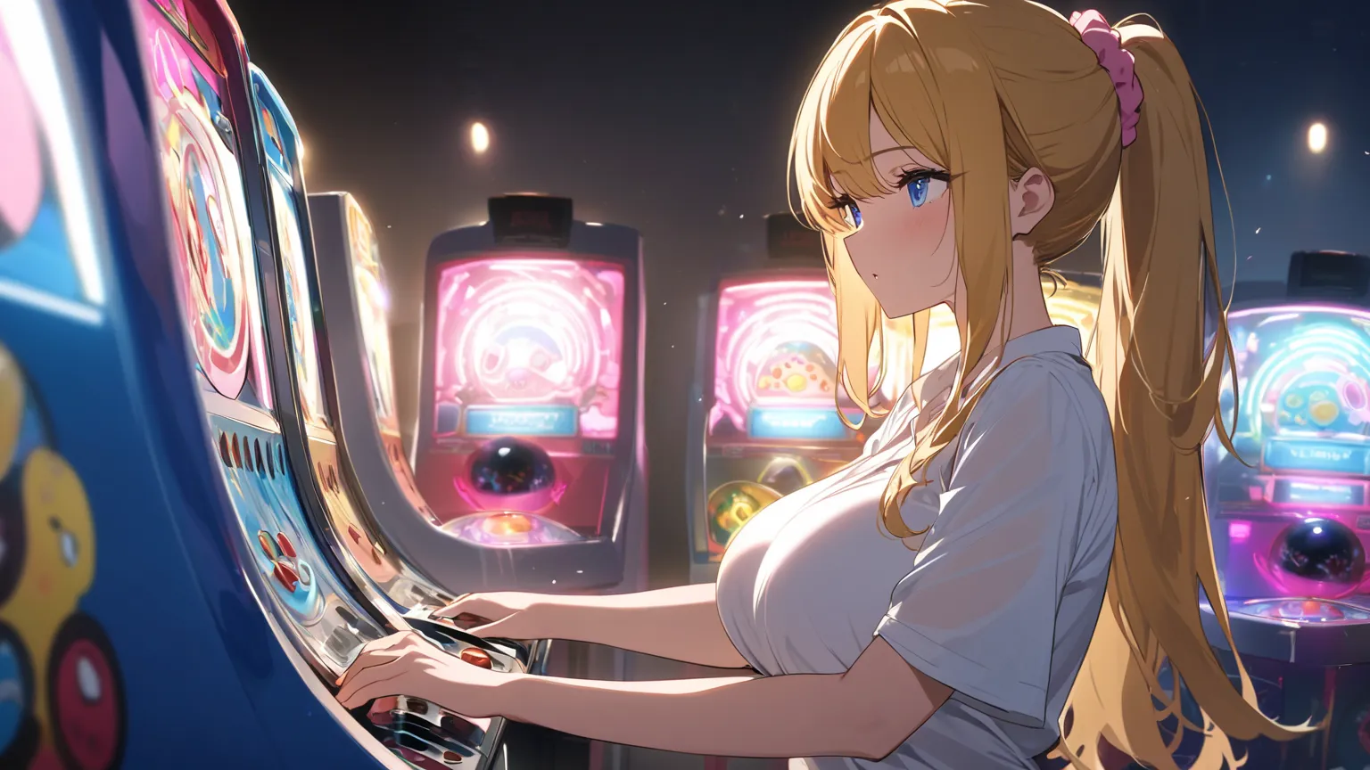 one girl，Big Breasts, golden hair，ponytail， pink scrunchie， T-back ，white shirt，white background, Blue Eyes、I'm playing a pachinko