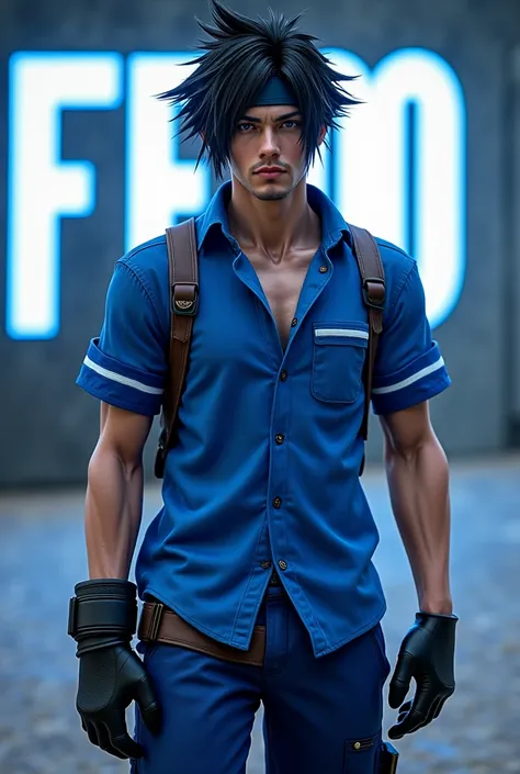 Realistic male character ff
Black hair black headband blue shirt with white stripes blue pants slippers written background "ff" "00".