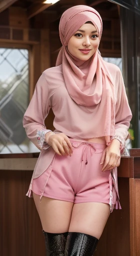 best quality, ultra-detail, masterpiece, anime, 1 Muslim hijabed horny Pakistani girl in, solo, cure horny happy, black hair, (low twintails under large curled strand of hair), feather hair ornament, Scarf. Abaya, wrist cuffs, (pink shorts), pink shorts un...