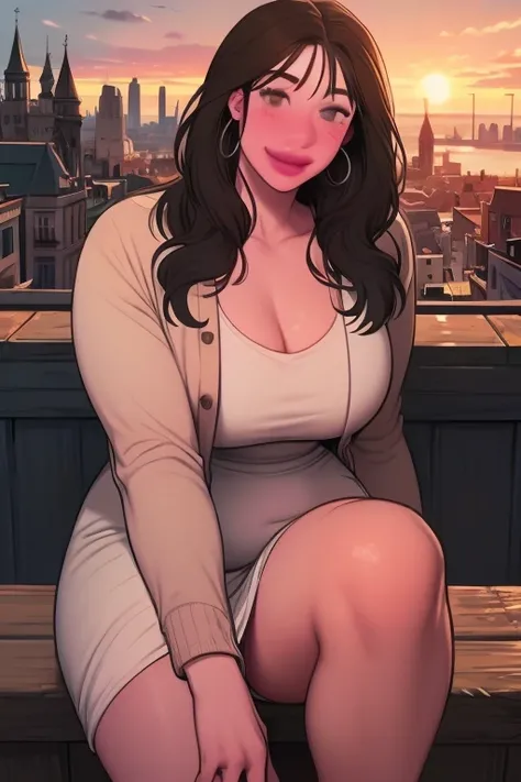 
chubby, with a non-straight line, gordo, dress, cardigan, big breasts, Long wavy black hair,   of foot,   city in the background  ,  pot ,   big belly  ,   smile,  black eyes,   attractive, quite dark brown skin, brillo de labios, eyelashes, Bright Cara ,...