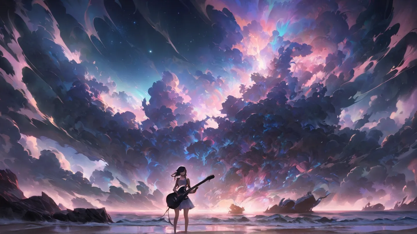 night, 1 Girl, holding electric guitar, clavicle, beach, Starry Sky, fantasy, magic, mystery, Ethereal, sublime atmosphere, dreamlike, Dramatic Lighting, high quality, Octane Rendering, Epic scene, 