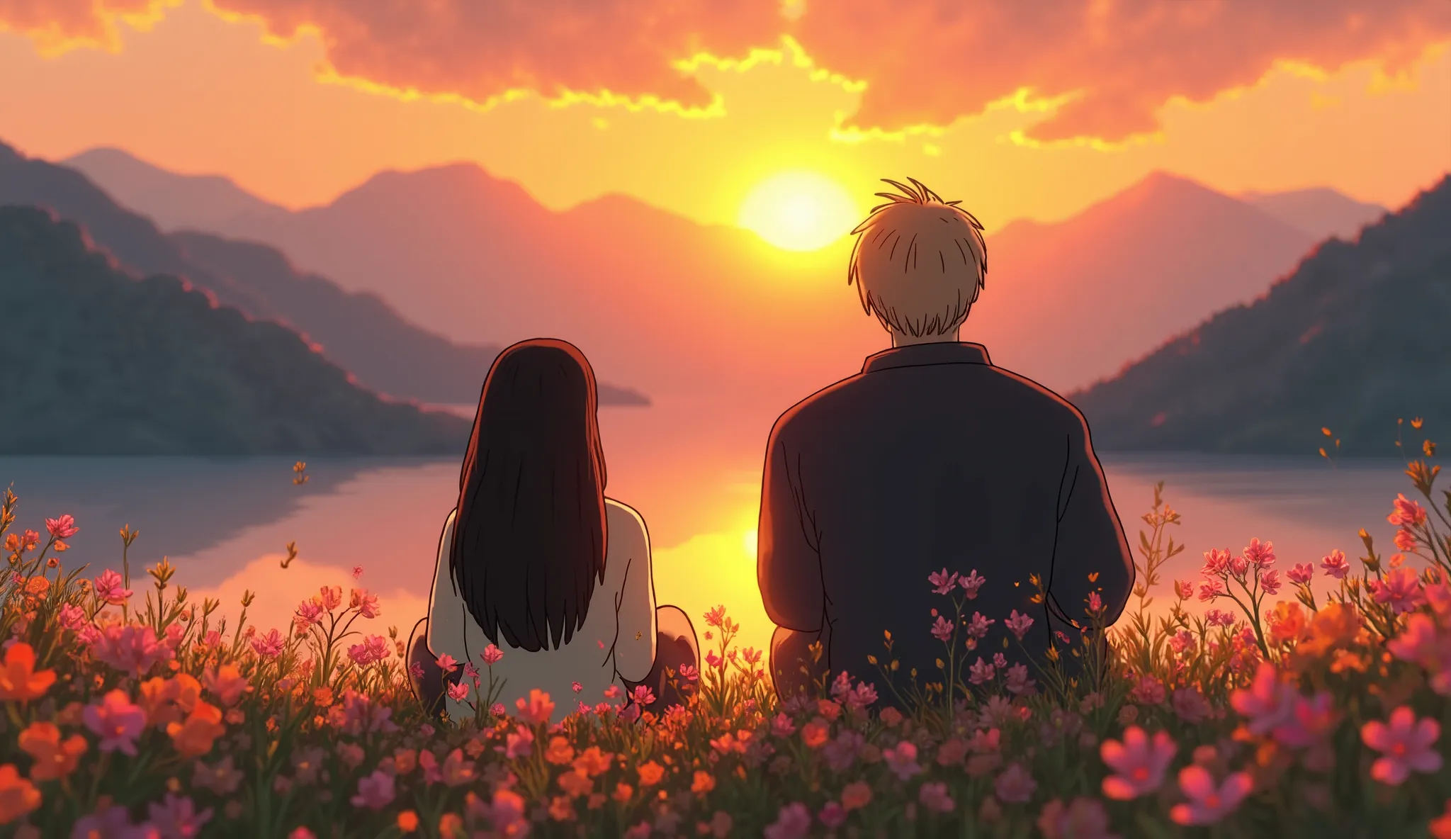 A girl with long dark brown hair sits next to a larger boy with short blond hair in a field of flowers in front of a lake, In the background, the mountains behind which the sun sets. They both look towards sunset, Sit in the middle of the picture at a dist...