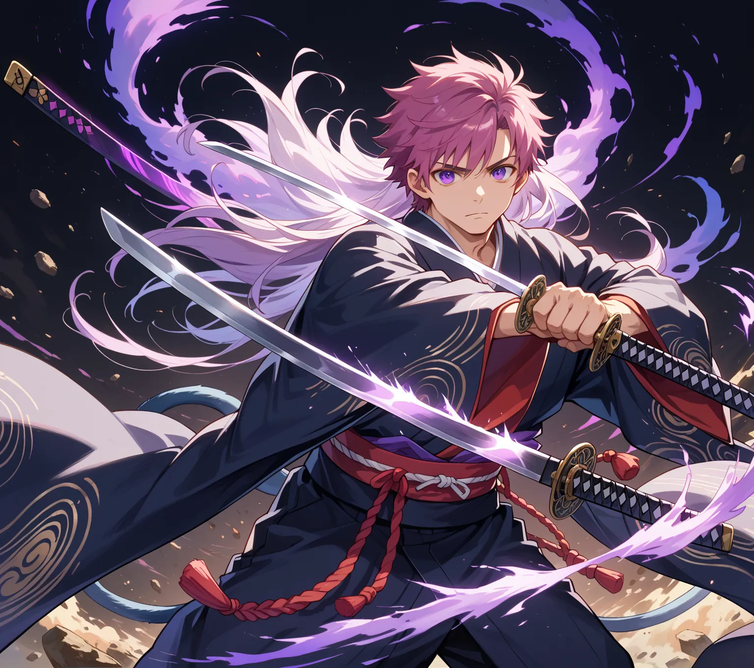 an anime boy samurai carrying katana of destruction with purple flame behind him with katana pointing skyward, weapon, ((detailed katana)), 1 person, holding, male focus, Alone, holding weapons, holding sword, Looks at the viewer, sparkling purple eyes, As...