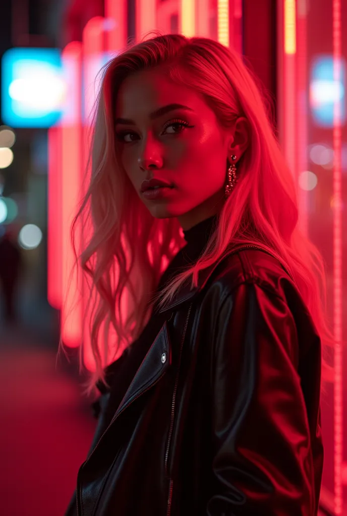 High attractive Jordyn Jones girl on the Street In sexualized pose of a building with hyper neon reflections. (Portrait photo characteristics: VHS, High detail, face detail, body detail, Skin detail, outfit detail, High feminine body complexion, High compo...