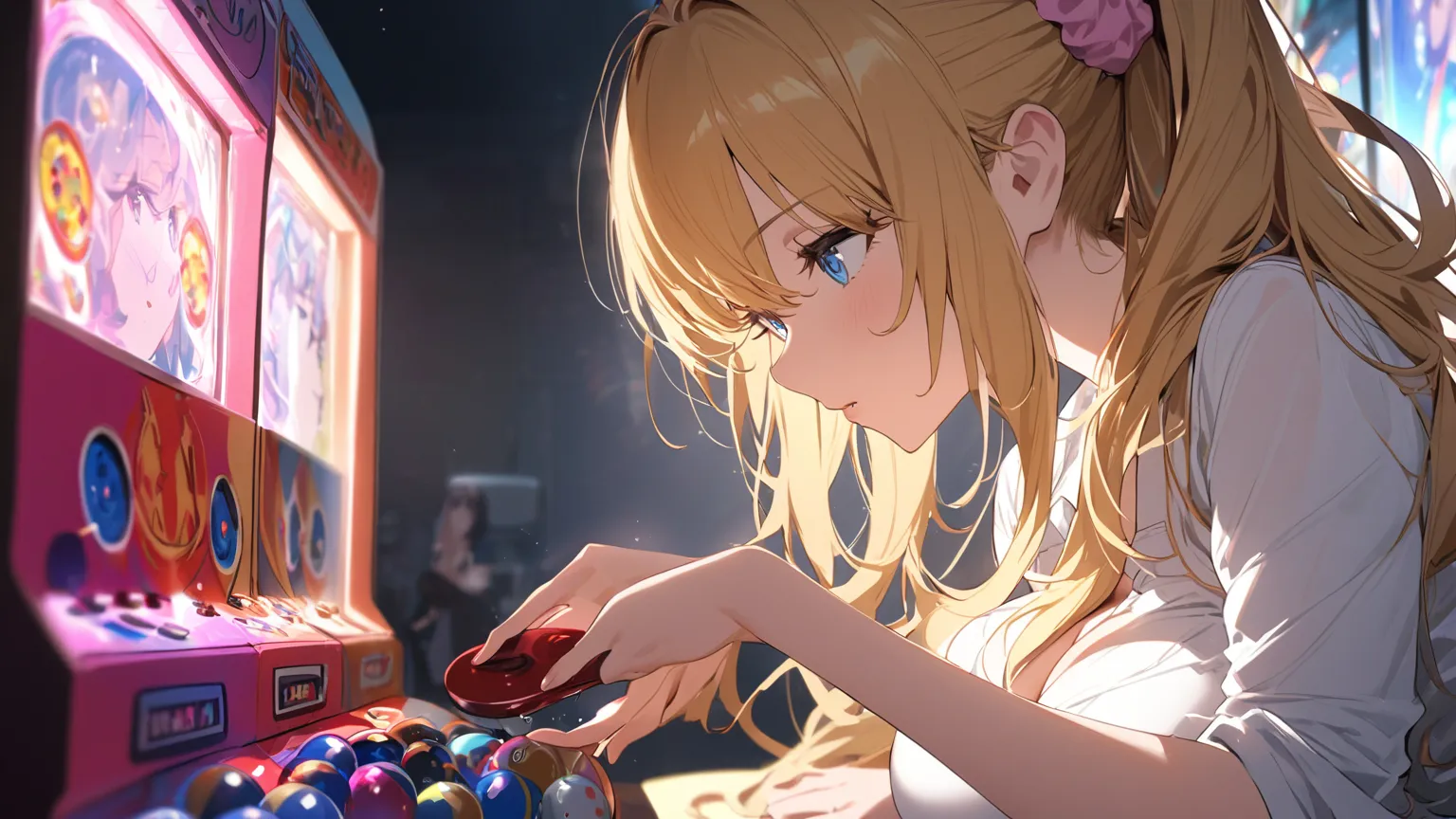 one girl，Big Breasts, golden hair，ponytail， pink scrunchie， T-back ，white shirt，white background, Blue Eyes、I'm playing a pachinko