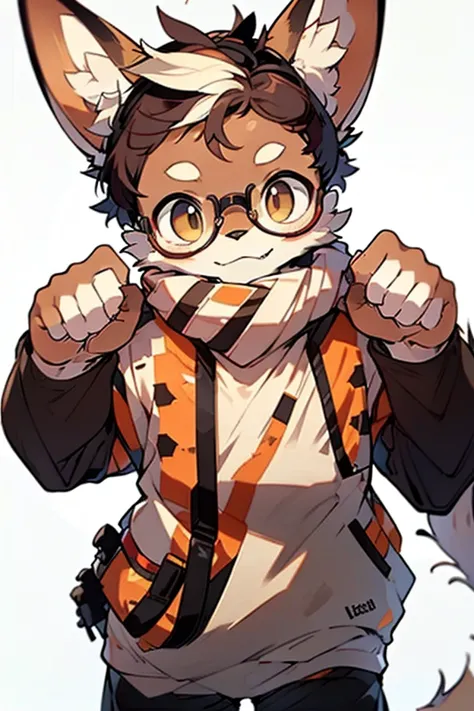 A femboy, with long brown hair, brown eyes, glasses, brown cat ears on his head, fuzzy brown tail on his back. Blushing slightly and with a slight smile. 