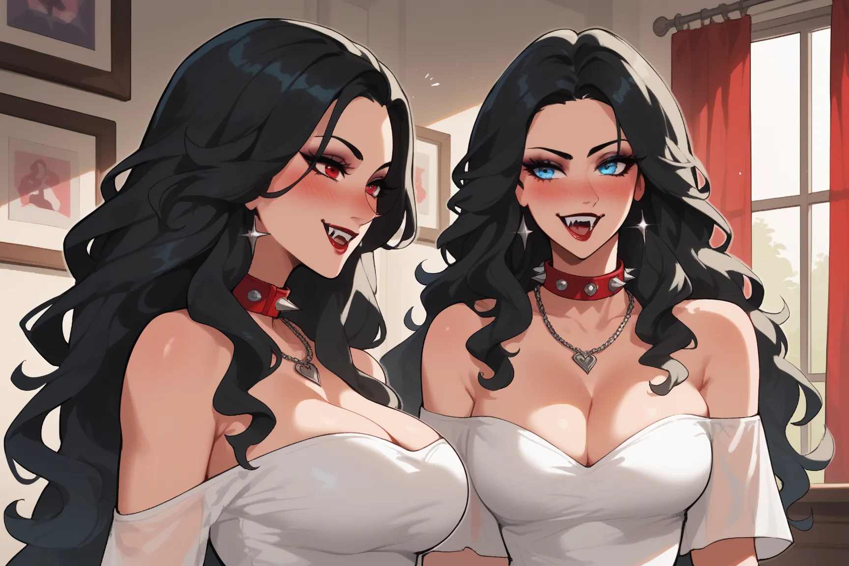 Woman in a player's room , mouth shut ,Alone ,  a girl,     breasts,  ironic smile,       spiked necklace     ,      red collar    , red eyes, regions,neckline, wavy hair,   full front shot   ,      long legs,  round butt, Vampire Queen,Dolly,flow looking ...