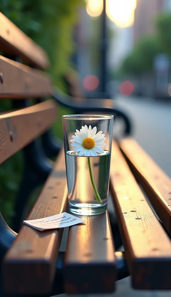 On a street bench there is a glass with water with a white flower and winged a small note written with small letters. 