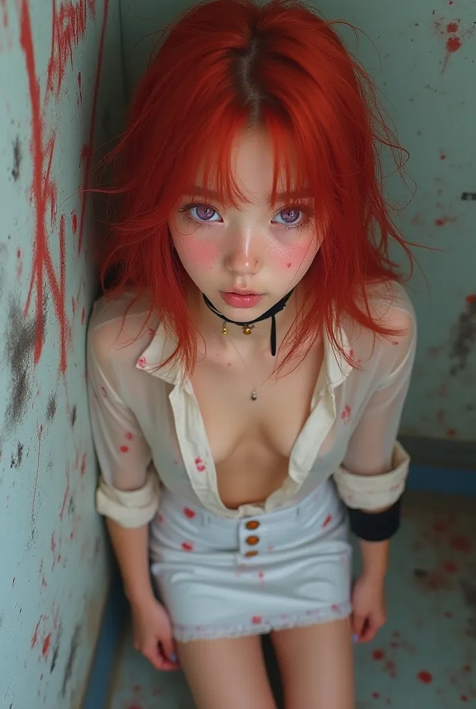 young Korean girl, red hair, purple eyes , solo, open silk blouse, tight white mini skirt, choker, graffiti paint splatter, slouching, leaning back, sexy, against wall, looking at viewer, armband, thigh strap, streaked hair, paint on body, upturned eyes, h...