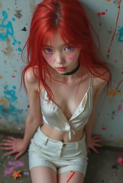 young Korean girl, red hair, purple eyes , solo, open silk blouse, tight white mini skirt, choker, graffiti paint splatter, slouching, leaning back, sexy, against wall, looking at viewer, armband, thigh strap, streaked hair, paint on body, upturned eyes, h...