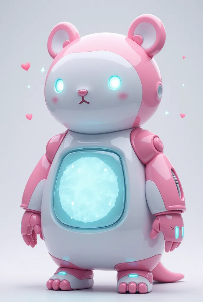 Chubby kawaii robotic marmot, inspired by Ne Zha 2's design:  
1. **Body**: Ultra-round plush-like shape (like mochi), glossy white ceramic armor with baby blue glowing seams, belly designed as hologram screen showing (◕ᴗ◕) emoji expressions.  
2. **Head**...