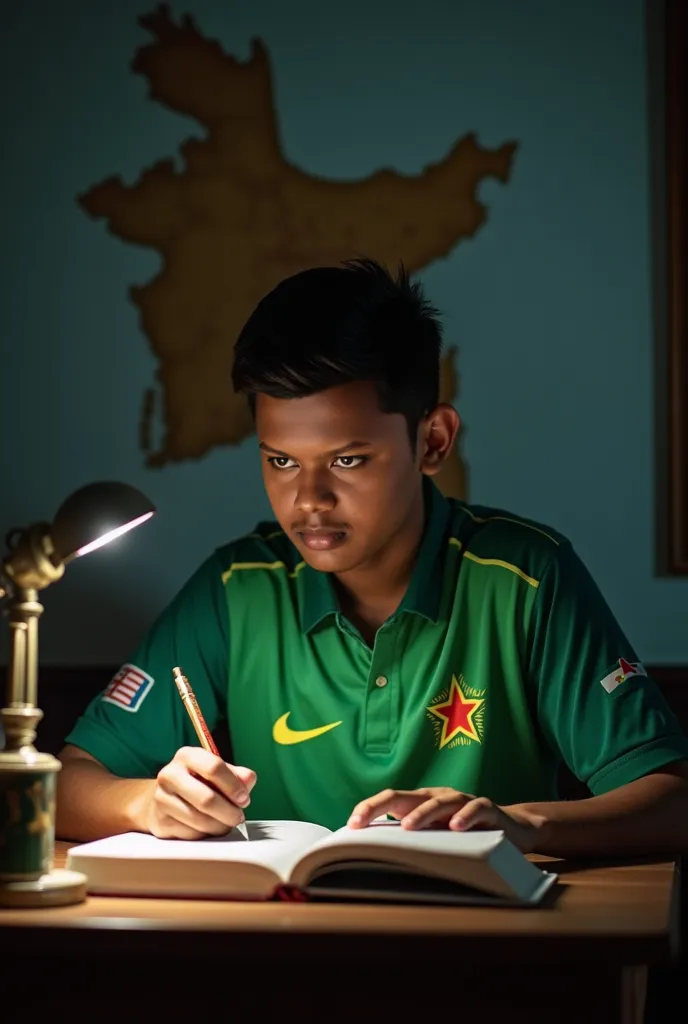 He is Bangladeshi college student boy. He is Preparation for varsity admission exam. He is reading a books in the table at the night. He is very pressure.He is wearing a green Pakistani cricket jersey. There is a map of Bangladesh on his wall