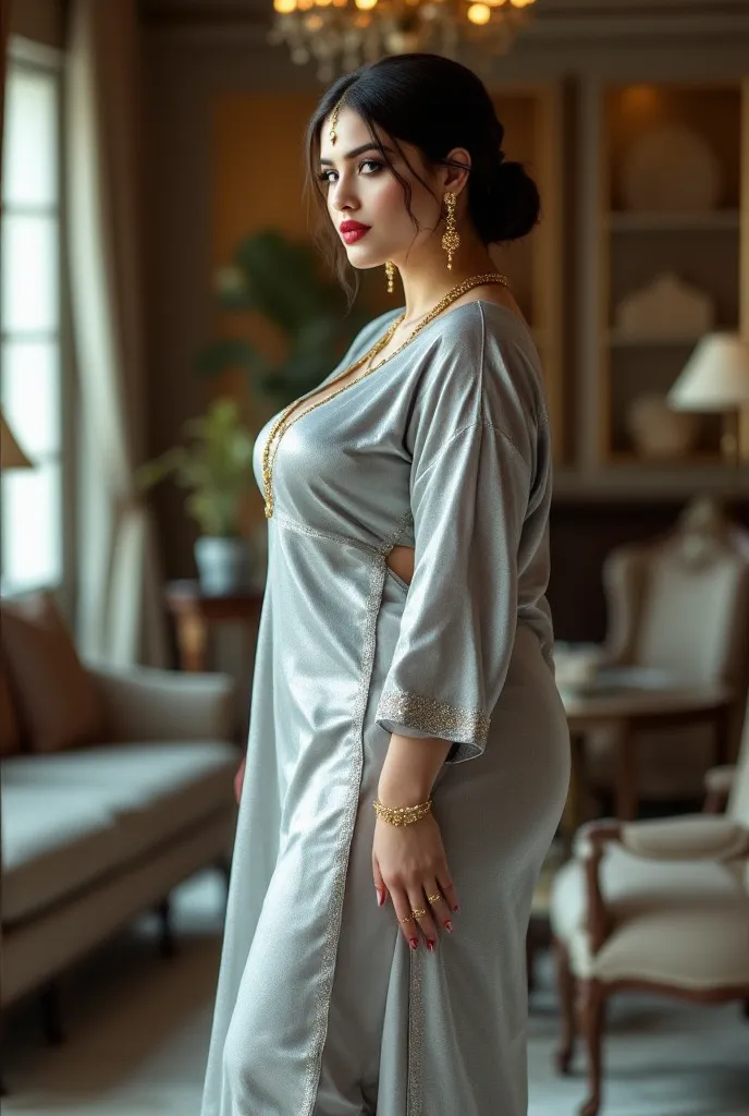 I am 40 year old plus size tall and big giant indian muslim women, looking like indian actress hansika motwani, wearing a silver short length side slit open tight kurti ,and matching cut short length capri leggings ,golden nose rings,nose stud, anklet,hang...