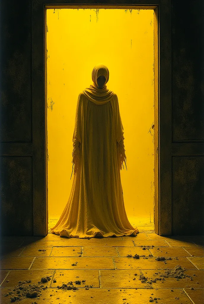 Be so kind, described, generate an image of the King in Yellow creature in a, with the passage:
"The gate below opened and slammed shut. Trembling, I crawled to the door and locked it, knowing, that no lock on earth can hold creatures, that appeared follow...