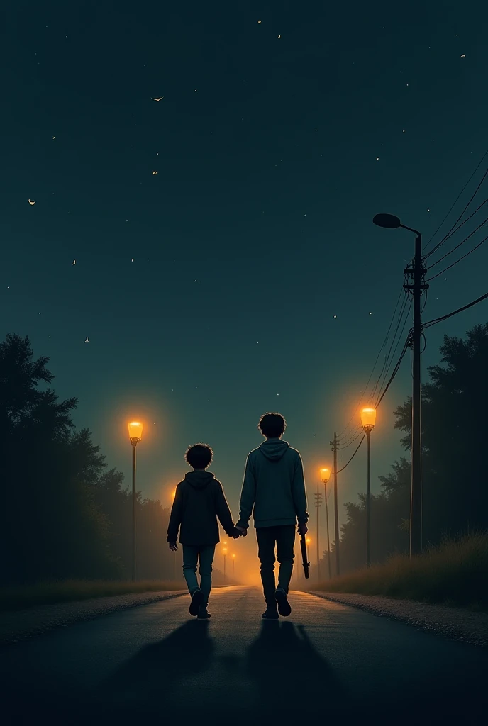 Create the image of two male brothers walking on the deserted road at night 