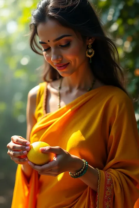 An Indian woman in sexy saree, squeezing a lemon 