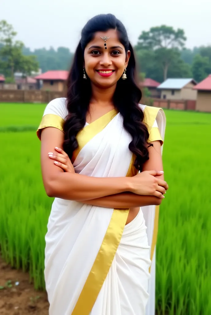 A young woman in a traditional white saree with gold accents stands confidently in a rural setting. She has long, wavy hair and is adorned with delicate earrings and a forehead ornament. The background features lush green fields and quaint houses, creating...