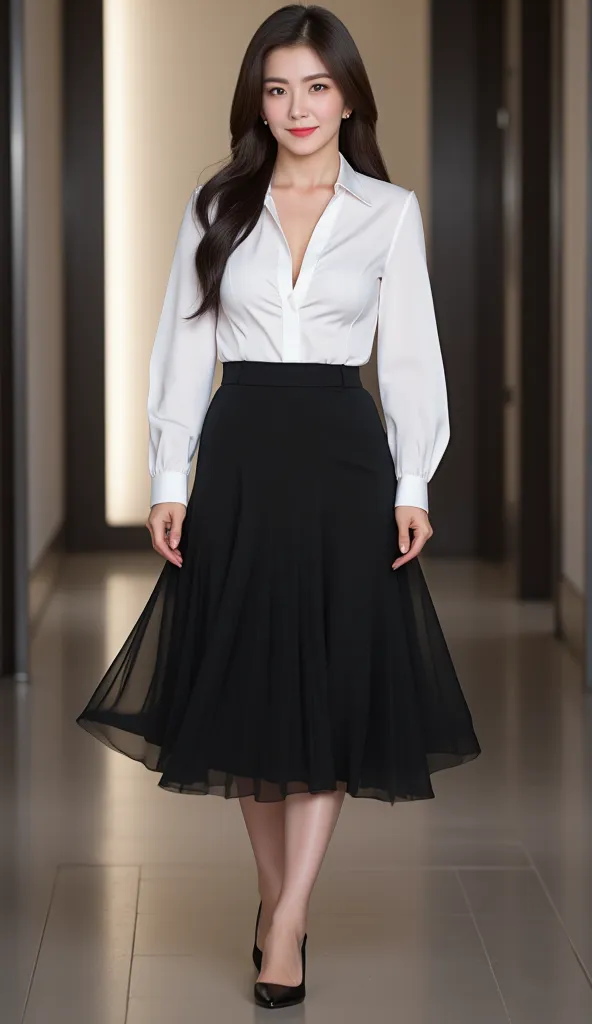 a beautiful woman,  standing in office,  use a closed shirt of white color,   using a long skirt of a black color pleated model,  big breasts,  beautiful smile 