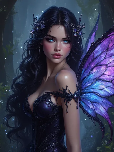 oil painting hyperrealistic fantasy, hermosa had a rusa de 25 años joven de rasgos rusos, Very long and perfectly wavy jet black hair, sapphire blue eyes, shiny reddish lip gloss, white skin de porcelana como muñeca,  pink cheeks, A jet black dress with si...