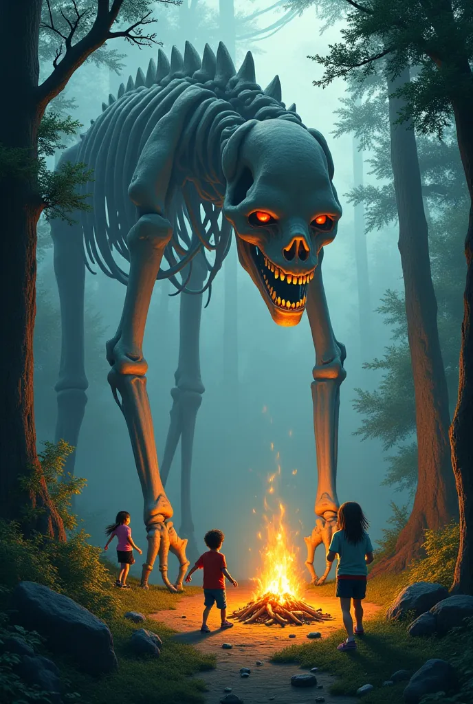 Camp where ren run around the skeleton, and on the fire there is a black-haired guy