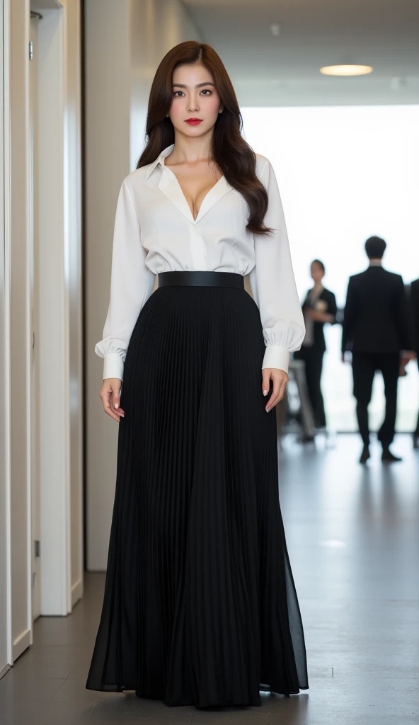 an office lady, office stand, use a white open length formal shirt without a bra, use a long skirt to the toe covered pleated model in black, big breasts,  red lips, long hair