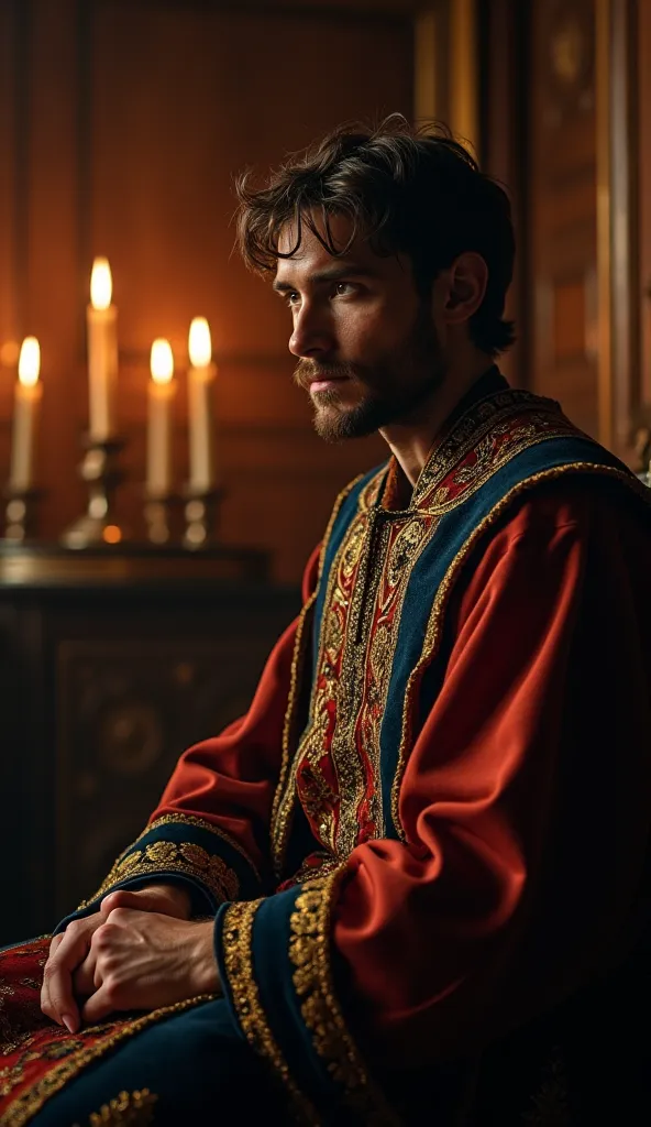 A dramatic medieval portrait of Prince Sviatopolk of Kyiv, wearing rich royal robes, sitting in his palace chamber. His gaze is intense, reflecting deep thoughts and internal conflict. The atmosphere is dimly lit by candlelight, casting long shadows on the...