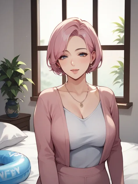  score_9,  score_8_ up,  score_7_ up,  score_6_ up,  score_5_ up,  score_4_ up,  source_anime ，nsfw， uncorrected，mature woman, housewife, pink hair near MM,  short hair,  straight hair , long sleeve cuckold, Chest, Mature Woman, Soft light, High Precision,...