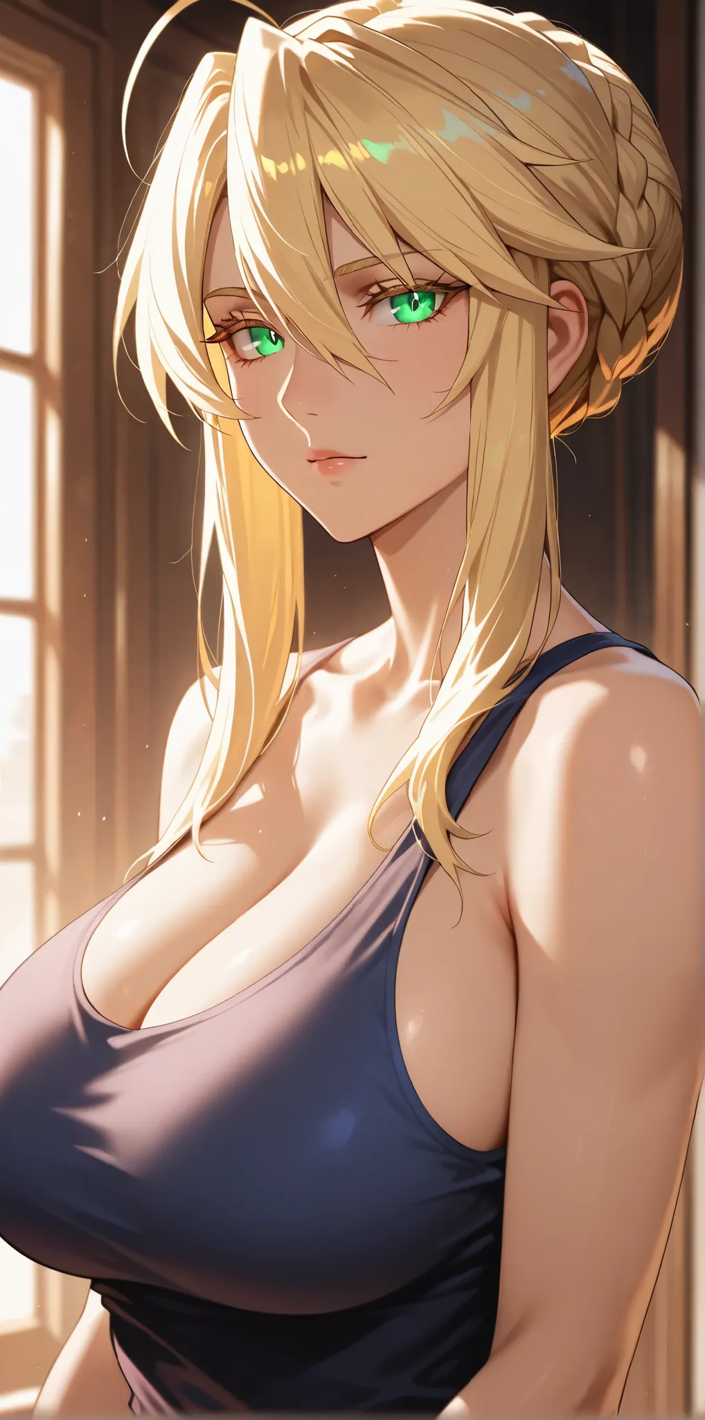 Masterpiece, very aesthetic, vibrant, high contrast, high resolution, ultra detailed, hot mature woman, artoria Pendragon (lancer), tank top, soft light, home, best quality, newest, castlevania: nocturne anime style, upper body