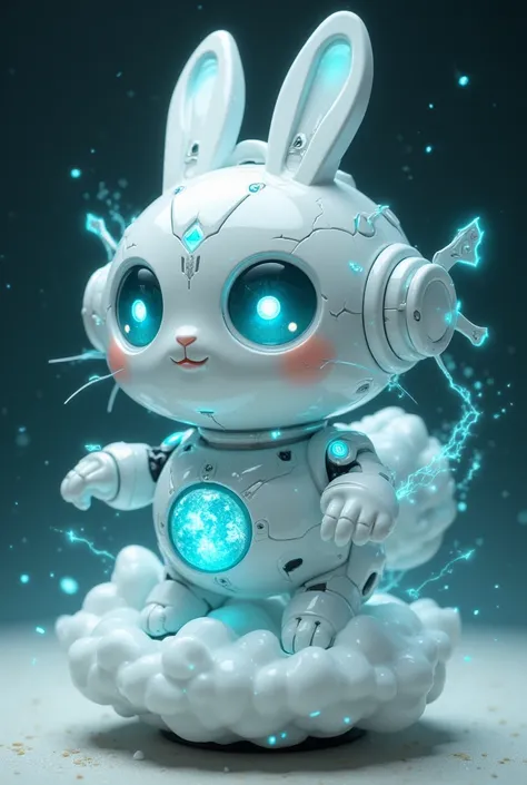 Mecha moon rabbit companion, mythic-tech cuteness:  
1. **Body**: Round ceramic body with jade texture, glowing blue cracks (like moon surface), fluffy cloud-shaped hover base.  
2. **Face**: LED screen eyes showing UwU/XD expressions, retractable ear ante...