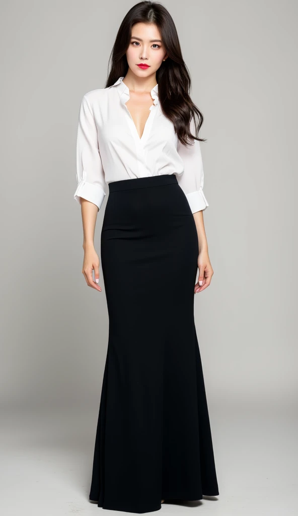 an office lady, office stand, use a long casual shirt covered in white without a bra, use a long skirt to the closed toe maxi model in black, big breasts,  red lips, long hair