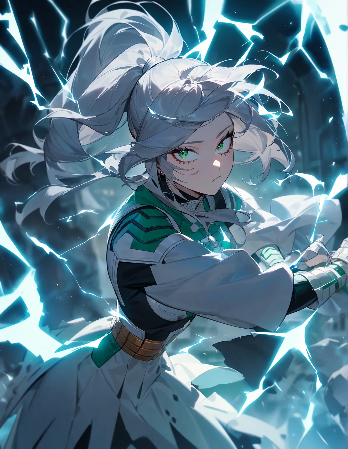 1girl, female focus, long grey hair,high ponytail, Green eyes, cold and aloof expression,boku no hero academia, injury, electricity,, masterpiece, best quality, very aesthetic, absurdres