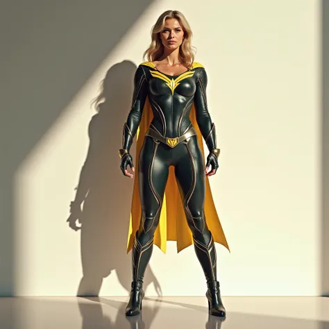 Create an image of a woman in a costume facing a wall where she casts her shadow like a female superhero