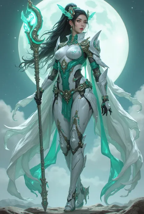 Tall elegant female mechanic mage, cyber-mythology fusion:  
1. **Armor**: Jade-white exoskeleton with moon phase holograms, flowing translucent silk ribbons (glowing star trails), waist armor shaped like crescent moon.  
2. **Head**: Black hair with float...