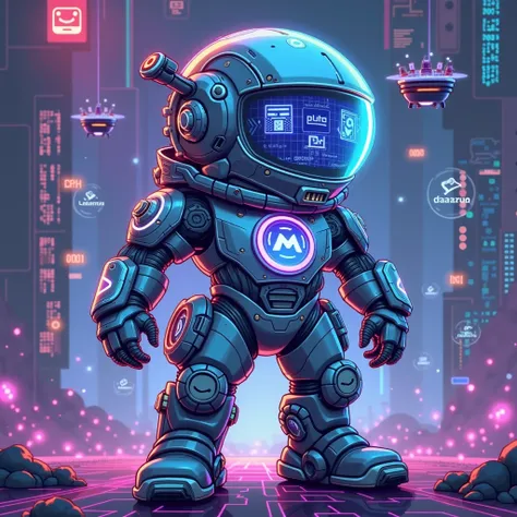 A futuristic cybernetic explorer in an advanced digital universe, embodying the essence of the Monad blockchain, illustrated in a vibrant cartoon style. The character wears a sleek, high-tech suit with exaggerated proportions and glowing details in shades ...