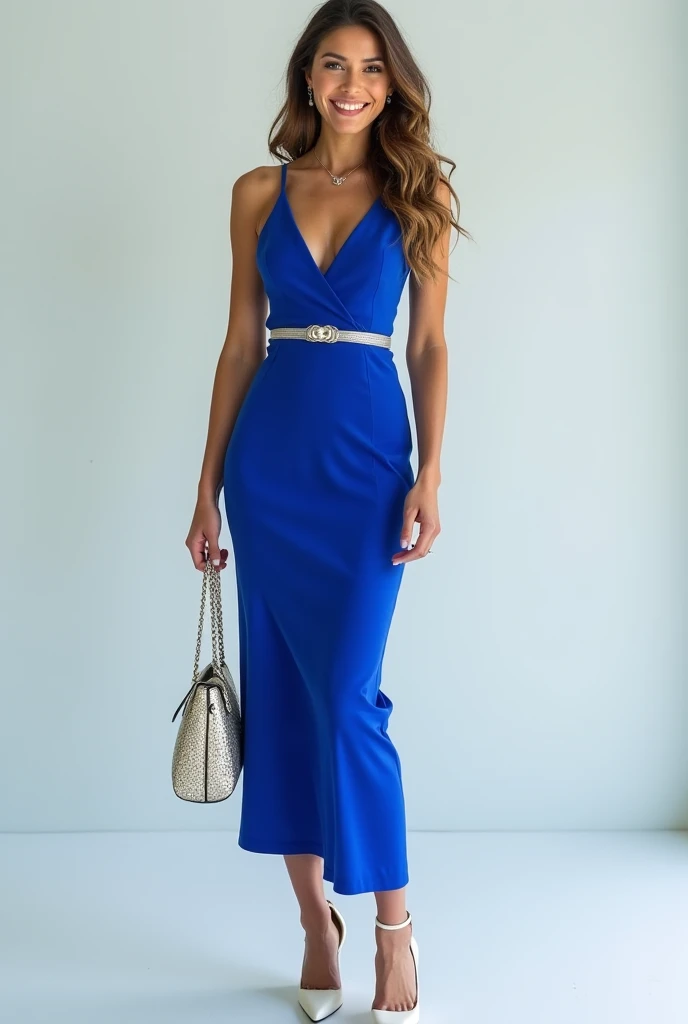 Create lady very beautiful happy with glowing skin wearing body hugging cobalt blue dress with crisp white heels,crisp white belt and  crisp white bag 