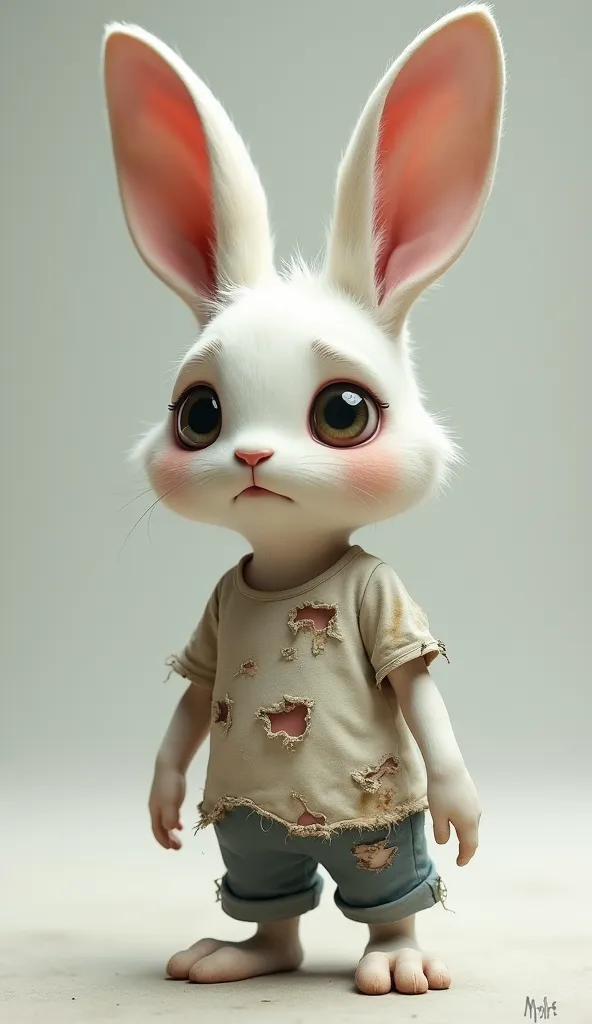 Character Traits:
 ✅a Small and weak appearance white rabbit
 ✅ Big, glassy sad eyes
 ✅ Torn clothes
 A slightly dirty look
 Stands alone, innocent, A dirty T-shirt torn in many places,