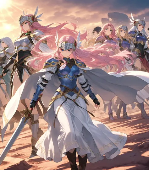 5girls, a group of 5 anime warrior girls valkyries, Valkyrie Profile,large cape, wasteland, Wearing a soft armor,big large bosom (inside armor's breastplate), broadsword on her hand,serious, curvy body, milf's hips, They're cavalry (but rides a wolf), ridi...