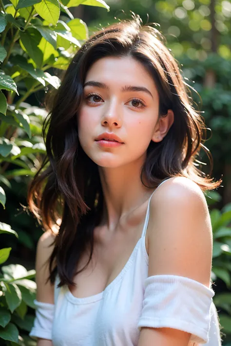 Ultra-realistic portrait in 4K UHD, highly detailed, of a young woman with fair skin and delicate facial features,  appearing about 20 years old . She has short hair, brown and slightly wavy, with loose threads that reflect the natural light of the sun, cr...