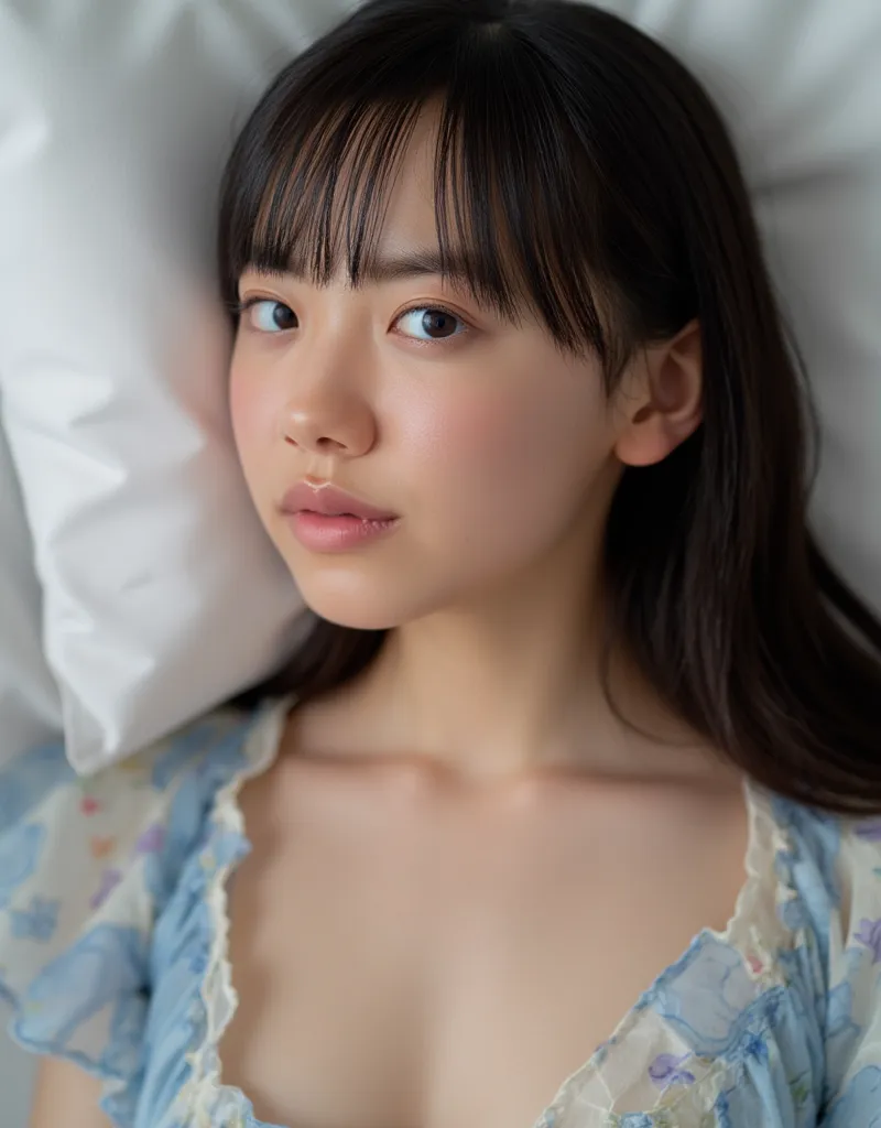 Here's a portrait of a young woman lying in bed. she was so sexy, semi-long dark hair and bangs,  slim,  petite figure, showing her chest and collarbone. snow-white legs , she was wearing a pale blue short dress, Pink mini thong, transparent clothes,  make...