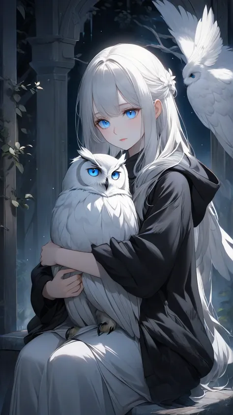 A young girl with pale white skin and bright blue eyes is wearing a black hoodie. She gently holds a majestic owl in her arms, embracing it with care. The owl has soft feathers and a wise gaze, sitting calmly as if it trusts her completely. The background ...