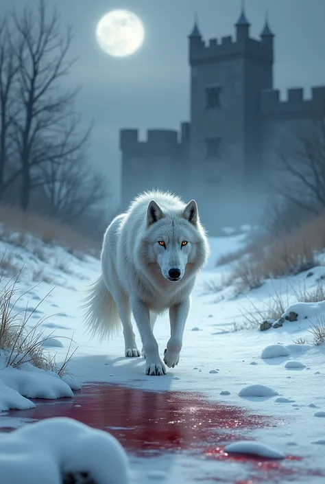 White wolf, ver weg lopend voor een donker kasteel in een sneeuw omgeving met een plas van bloed, very realistic 